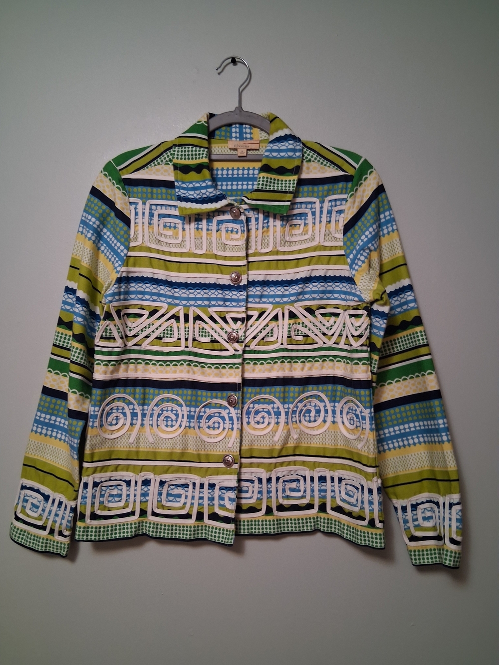 Vintage Choices Denim Button-Front Jacket Multi Color Stripe Swirl Pattern Sz M